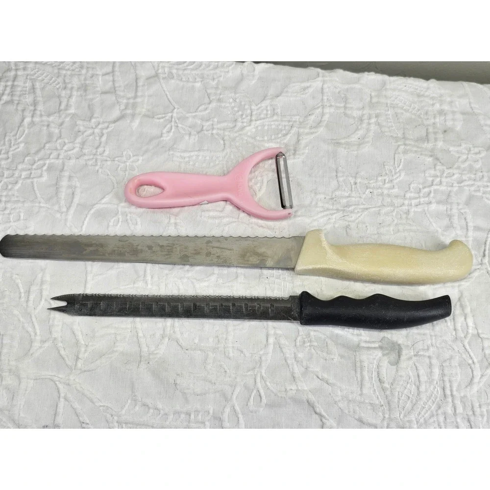 Forever Sharp Update Kiwi Knife Peeler Set 3pc Pink Black Cream Good Serrated